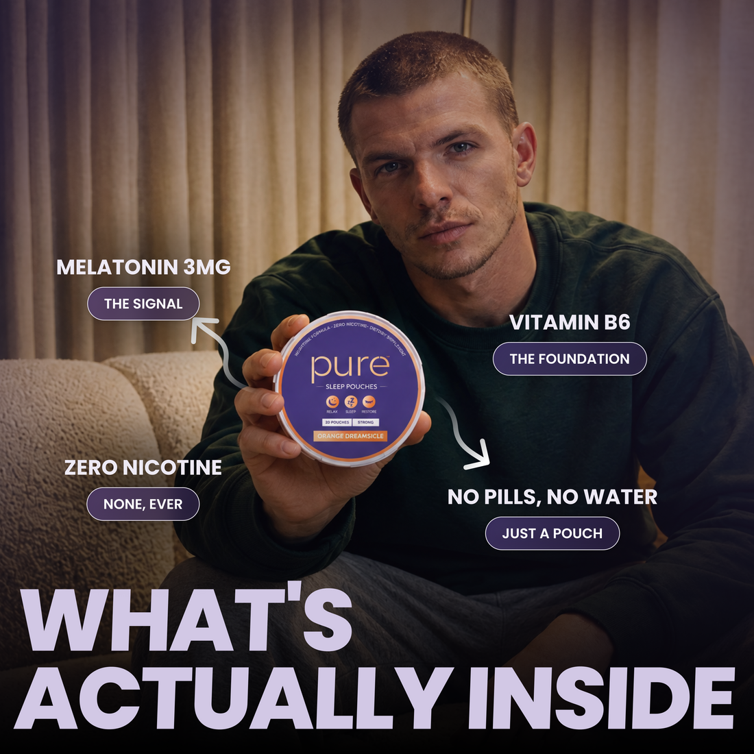 What’s actually inside Pure Sleep Pouches — 3mg melatonin and 25mg vitamin B6, made in USA